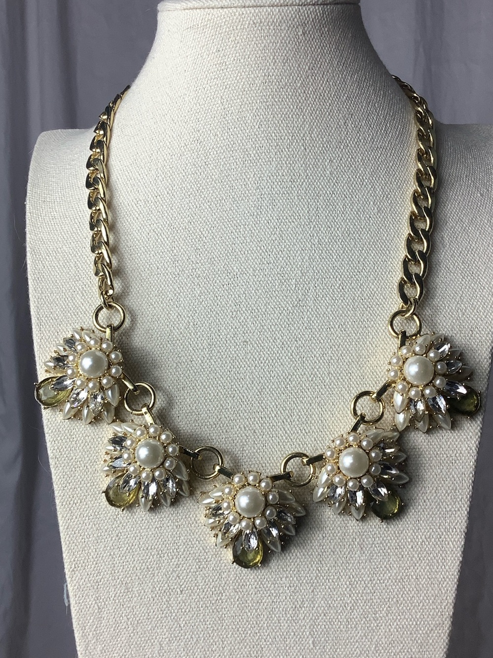 Talbots Gold Floral Pearl and Pale Green Crystal Necklace